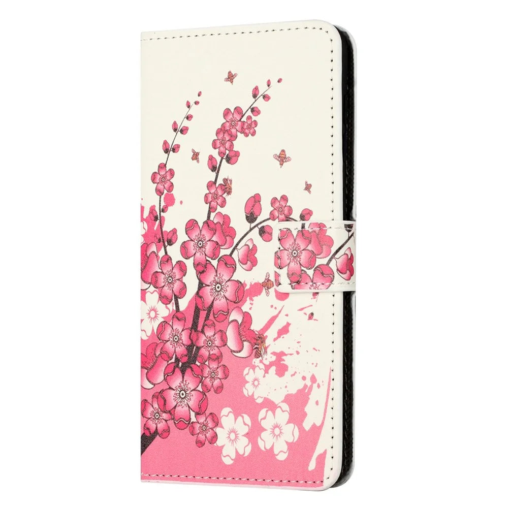 For iPhone 14 6.1 inch Wallet Stand Book Style Magnetic Clasp PU Leather Case Pattern Printing Phone Cover - Plum Blossom - 5