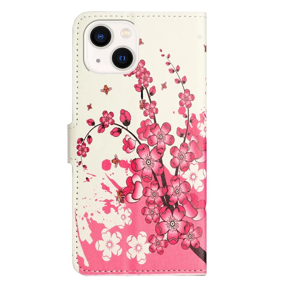 For iPhone 14 6.1 inch Wallet Stand Book Style Magnetic Clasp PU Leather Case Pattern Printing Phone Cover - Plum Blossom - 6