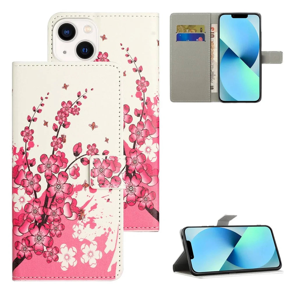 For iPhone 14 6.1 inch Wallet Stand Book Style Magnetic Clasp PU Leather Case Pattern Printing Phone Cover - Plum Blossom - 7
