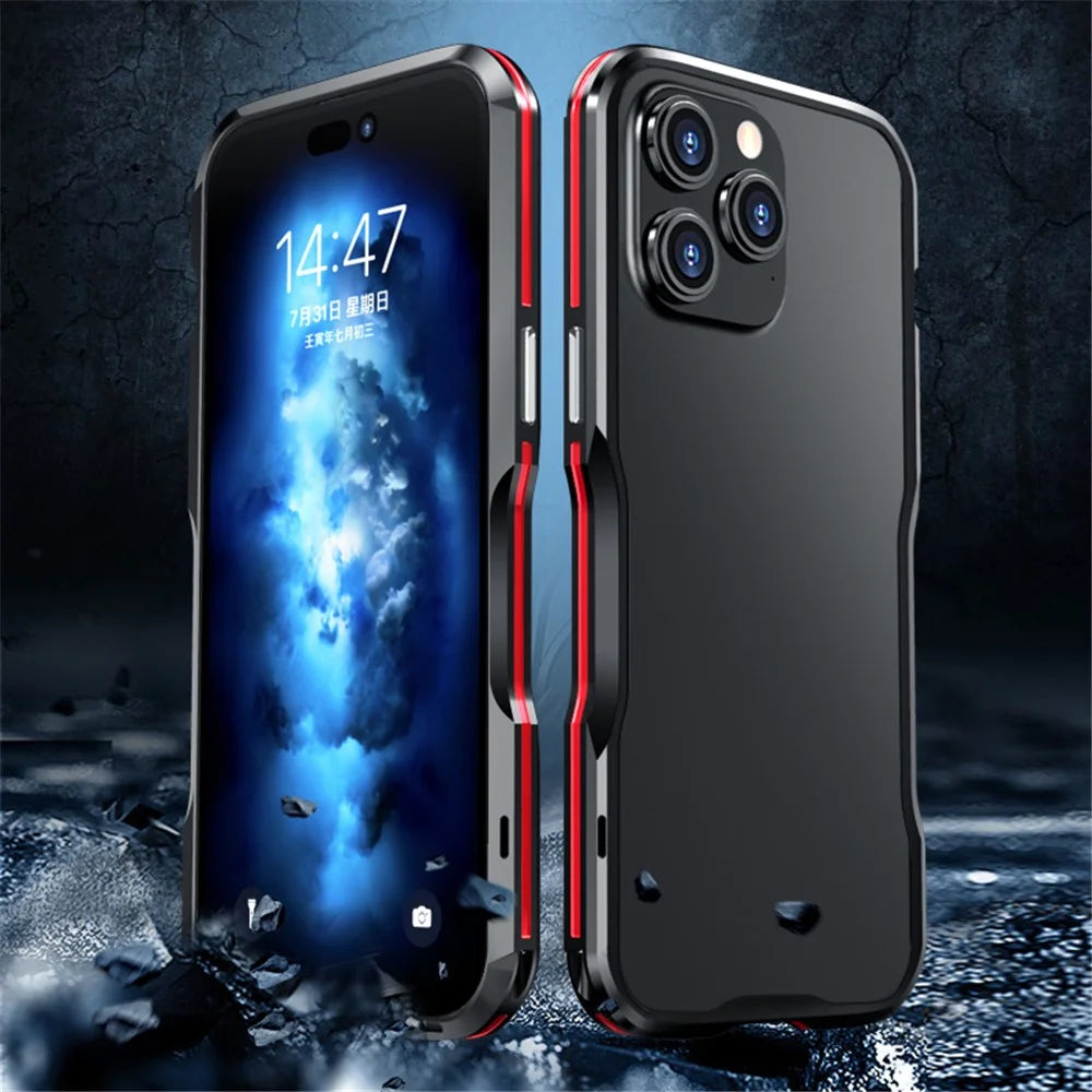 LUPHIE for iPhone 14 Pro 6.1 inch Anti-collision Anti-drop Phone Bumper Case Metal Protective Frame - Black / Red - 3