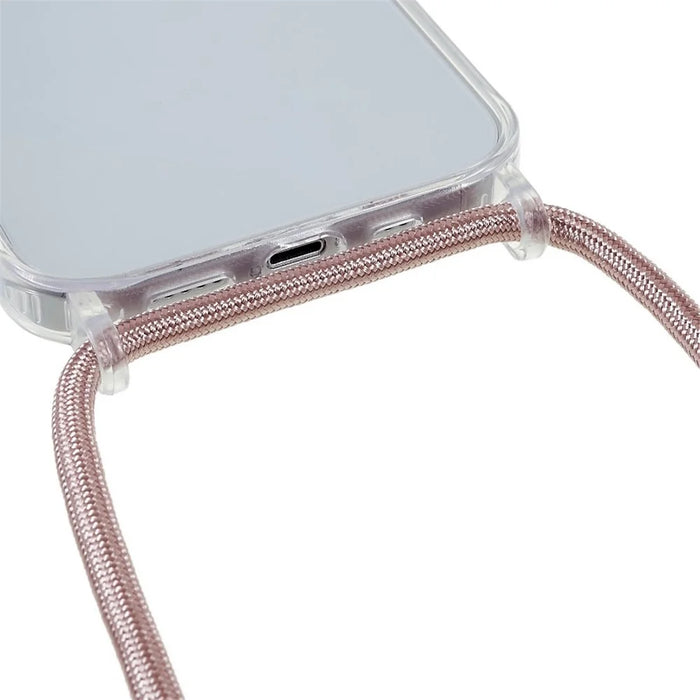 For iPhone 14 6.1 inch TPU+Acrylic Transparent Back Cover Shockproof Phone Case with Adjustable Lanyard - Rose Gold - 4