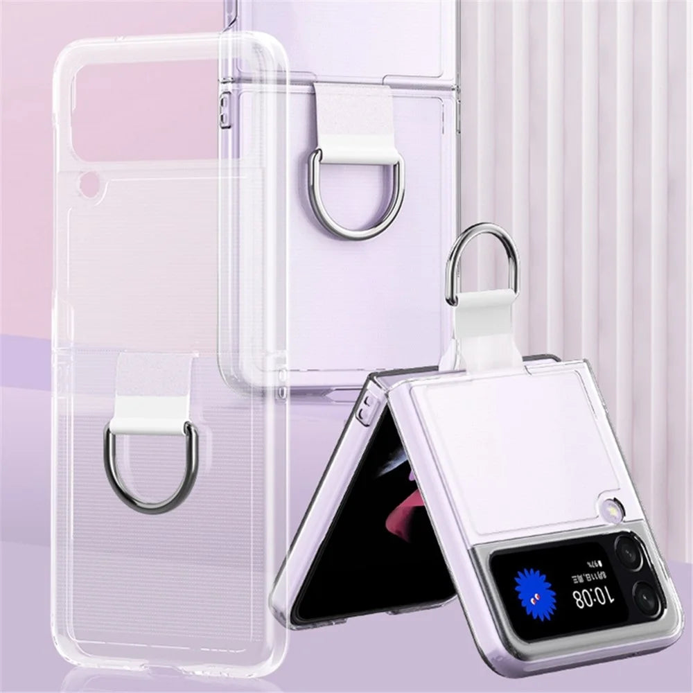 For Samsung Galaxy Z Flip4 5G Transparent Metal Ring Holder Design Hard PC+PVC Phone Case Cover Folding Shell - 2