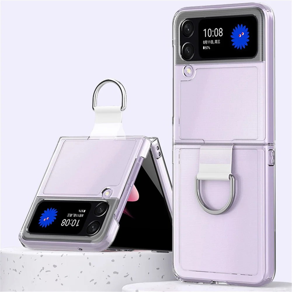 For Samsung Galaxy Z Flip4 5G Transparent Metal Ring Holder Design Hard PC+PVC Phone Case Cover Folding Shell - 3