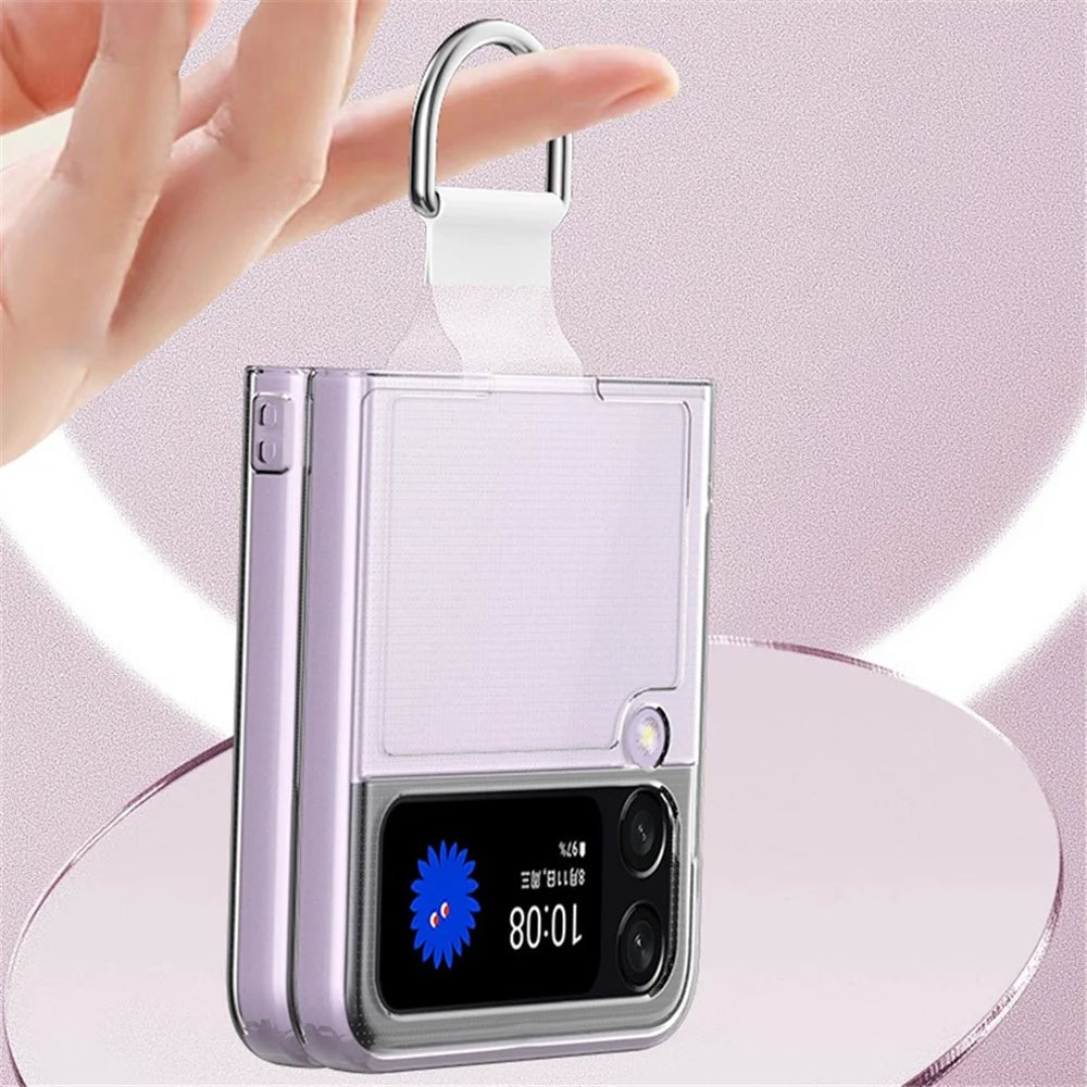 For Samsung Galaxy Z Flip4 5G Transparent Metal Ring Holder Design Hard PC+PVC Phone Case Cover Folding Shell - 4