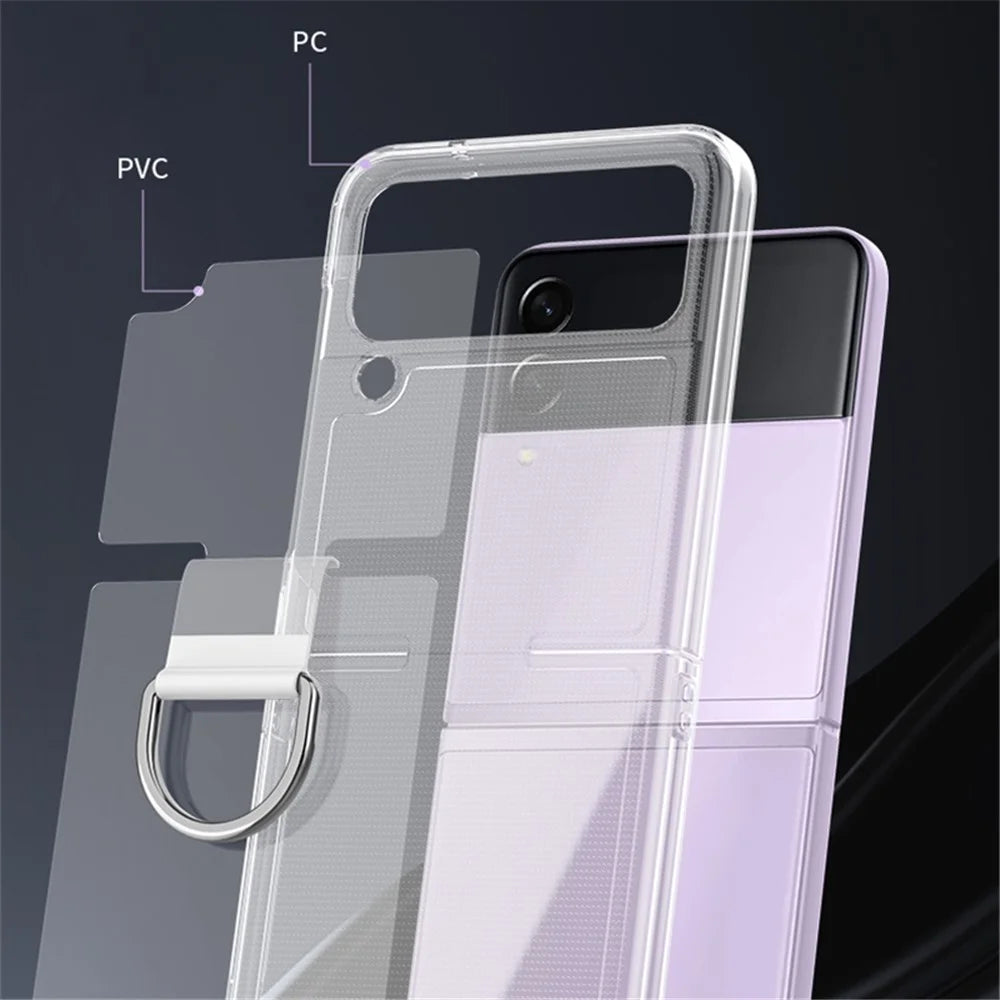 For Samsung Galaxy Z Flip4 5G Transparent Metal Ring Holder Design Hard PC+PVC Phone Case Cover Folding Shell - 5