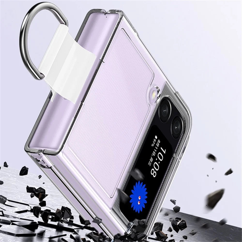 For Samsung Galaxy Z Flip4 5G Transparent Metal Ring Holder Design Hard PC+PVC Phone Case Cover Folding Shell - 6