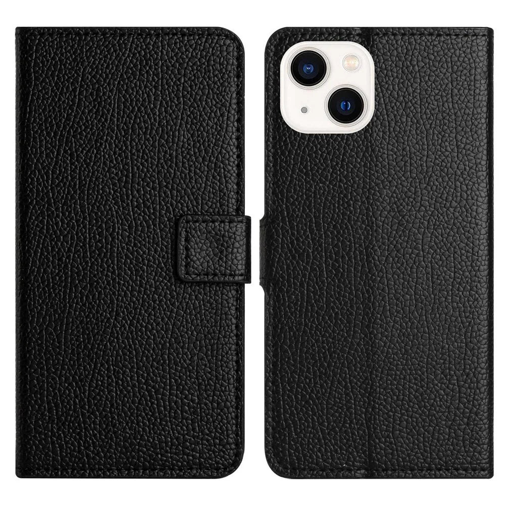 For iPhone 14 Plus PU Leather Stand Magnetic Clasp Case Litchi Texture Phone Wallet Cover - Black - 1