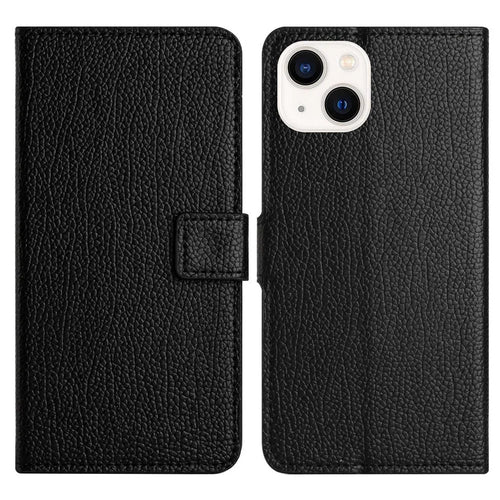For iPhone 14 Plus PU Leather Stand Magnetic Clasp Case Litchi Texture Phone Wallet Cover - Black - 1