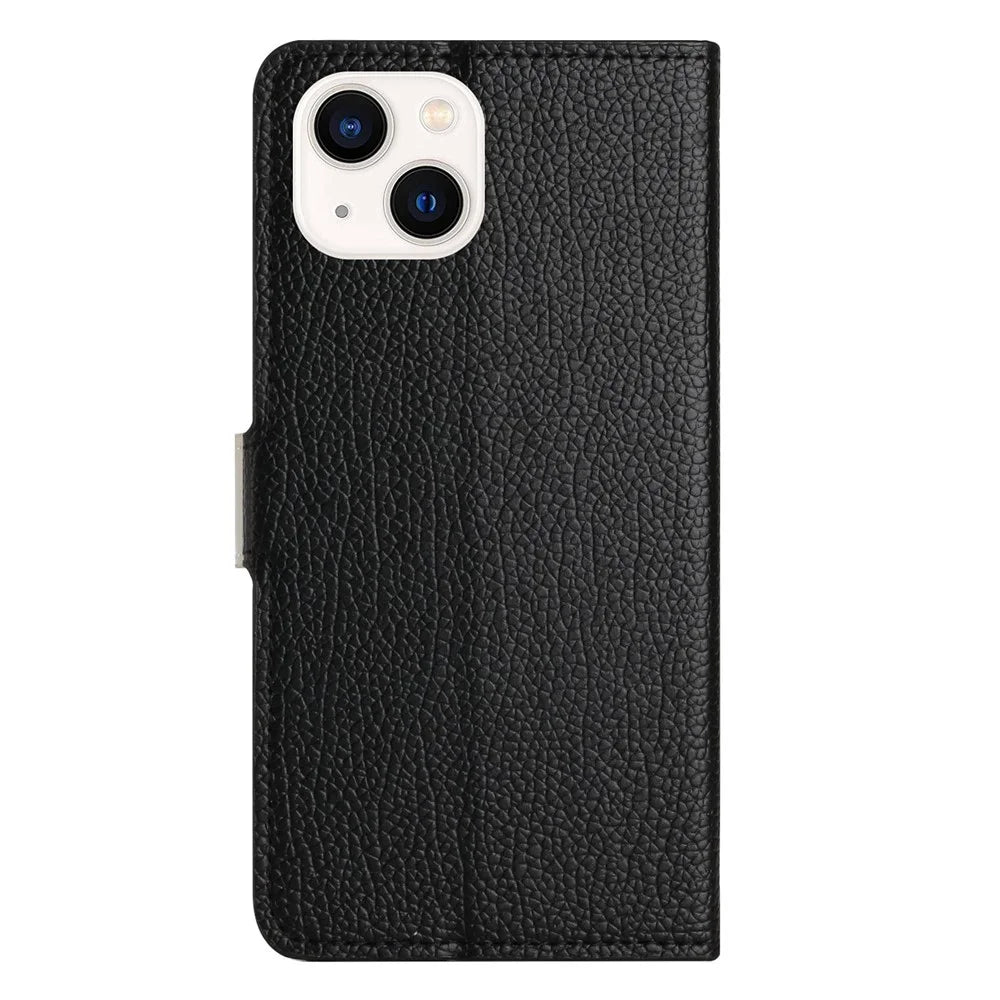 For iPhone 14 Plus PU Leather Stand Magnetic Clasp Case Litchi Texture Phone Wallet Cover - Black - 5