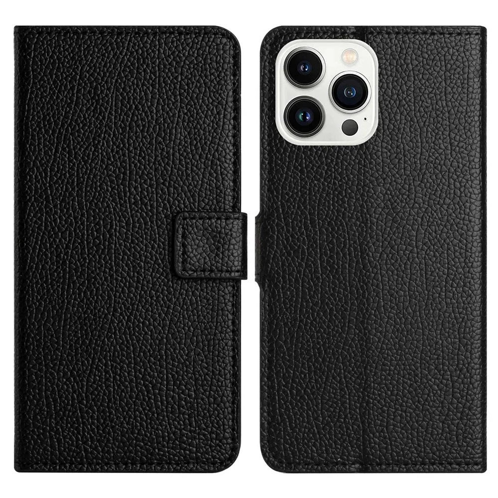 For iPhone 14 Pro 6.1 inch PU Leather Wallet Case Litchi Texture Foldable Stand Folio Flip Phone Shell - Black - 1