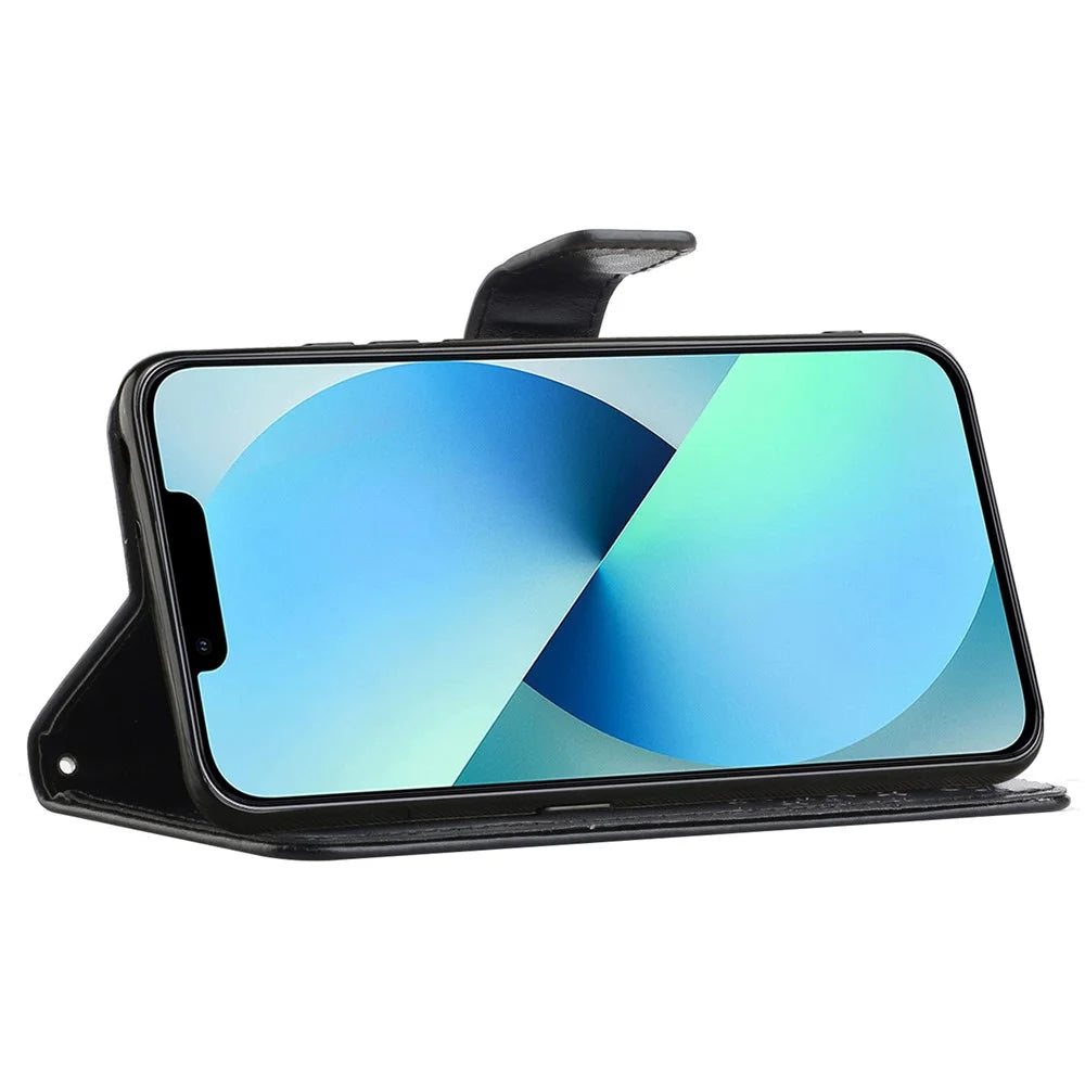 For iPhone 14 Pro 6.1 inch PU Leather Wallet Case Litchi Texture Foldable Stand Folio Flip Phone Shell - Black - 3