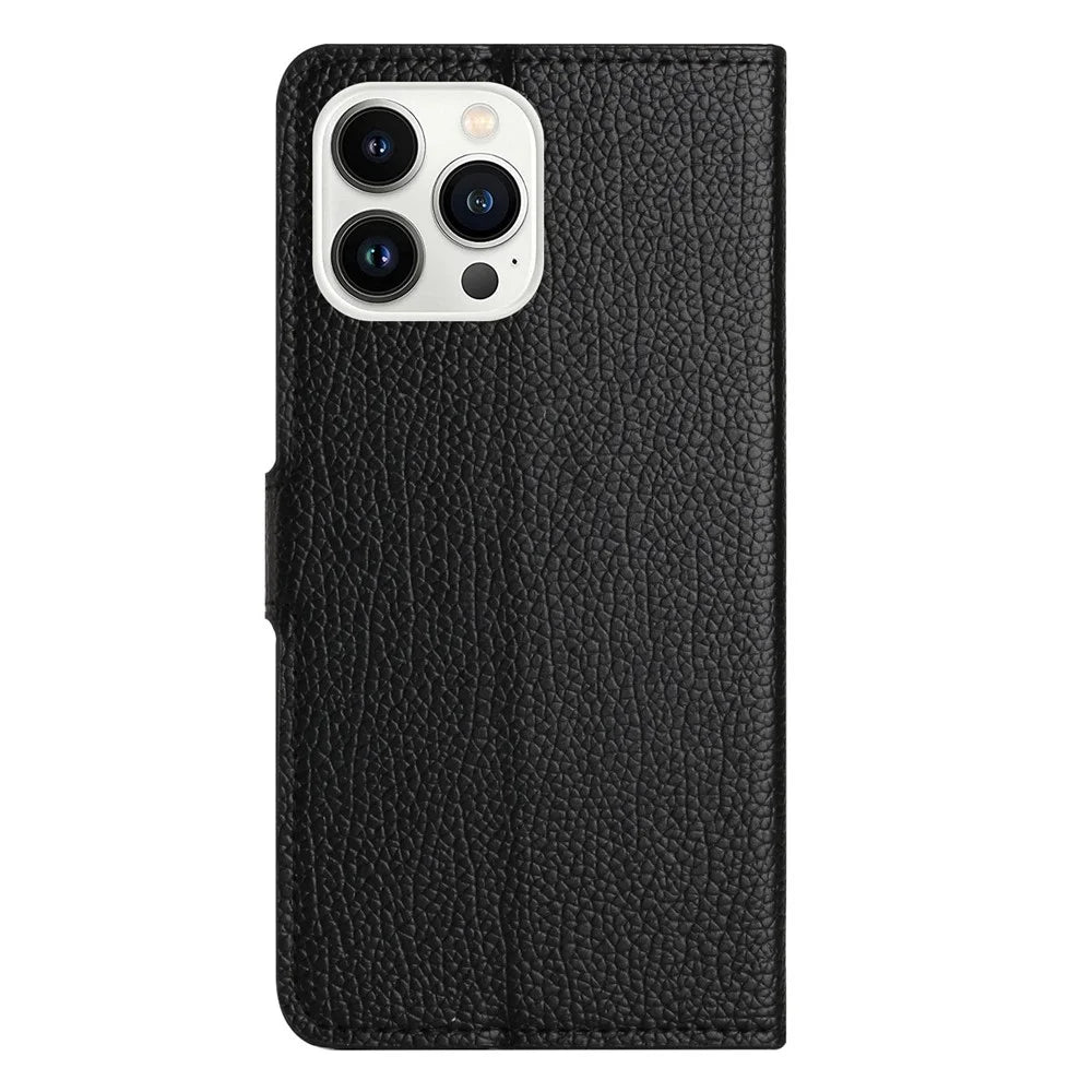 For iPhone 14 Pro 6.1 inch PU Leather Wallet Case Litchi Texture Foldable Stand Folio Flip Phone Shell - Black - 5