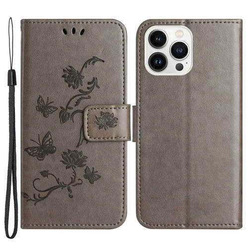 For iPhone 14 Pro Max 6.7 inch Shockproof Butterfly Flower Imprinted Phone Case PU Leather Stand Wallet Phone Cover with Strap - Grey - 1