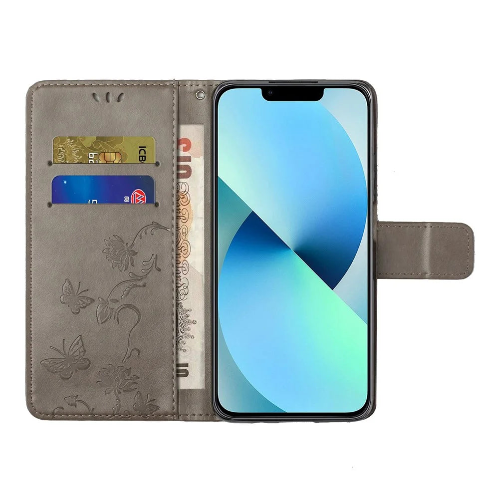 For iPhone 14 Pro Max 6.7 inch Shockproof Butterfly Flower Imprinted Phone Case PU Leather Stand Wallet Phone Cover with Strap - Grey - 2