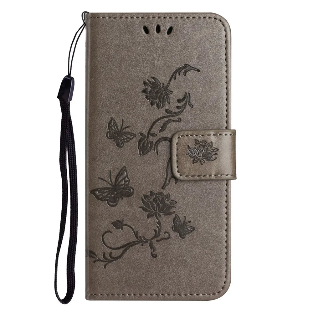 For iPhone 14 Pro Max 6.7 inch Shockproof Butterfly Flower Imprinted Phone Case PU Leather Stand Wallet Phone Cover with Strap - Grey - 4