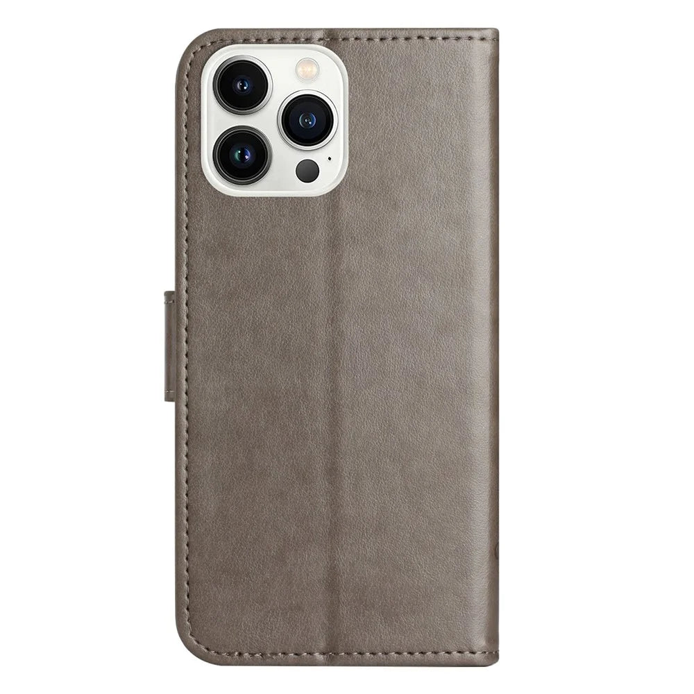 For iPhone 14 Pro Max 6.7 inch Shockproof Butterfly Flower Imprinted Phone Case PU Leather Stand Wallet Phone Cover with Strap - Grey - 5