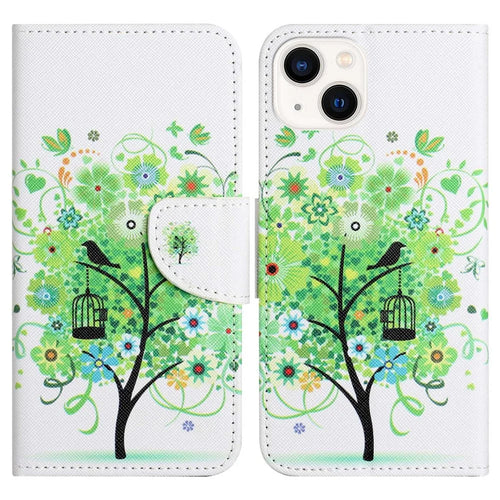 For iPhone 14 Plus Anti-wear Pattern Printing Case Cross Texture PU Leather Wallet Protective Shell with Stand - Green Tree - 1