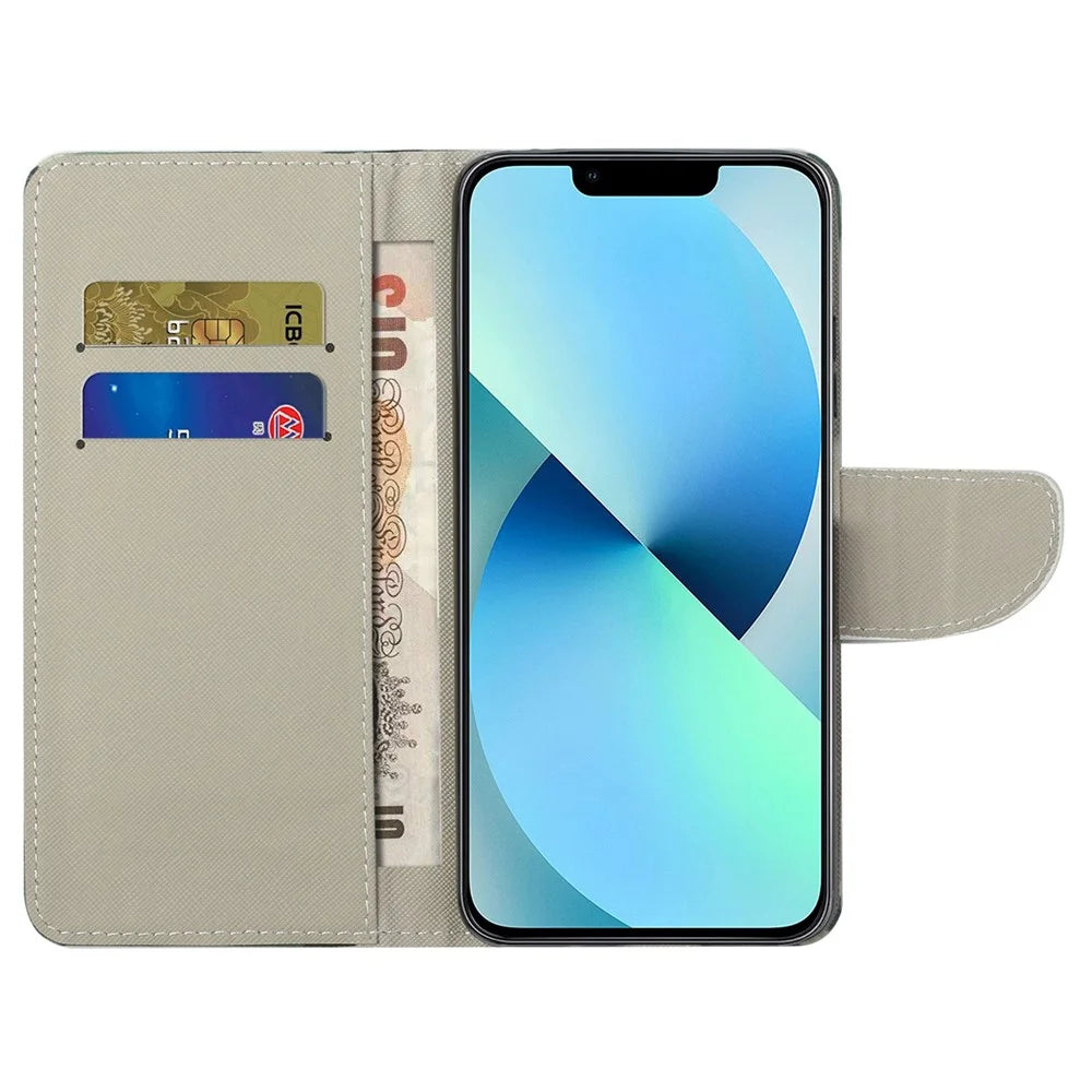 For iPhone 14 Plus Anti-wear Pattern Printing Case Cross Texture PU Leather Wallet Protective Shell with Stand - Green Tree - 2
