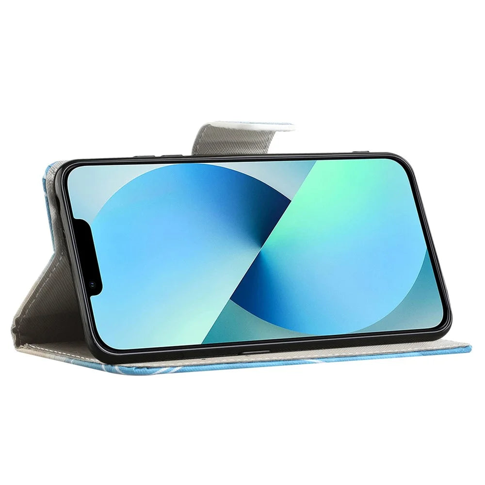 For iPhone 14 Plus Anti-wear Pattern Printing Case Cross Texture PU Leather Wallet Protective Shell with Stand - Green Tree - 3