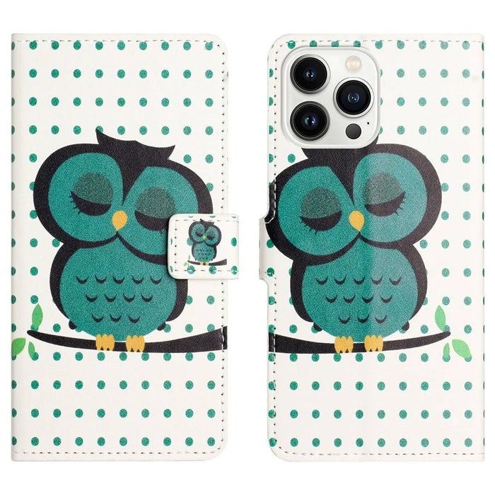 For iPhone 14 Pro 6.1 inch Creative Pattern Printing PU Leather Flip Case Stand Feature Wallet Magnetic Shockproof Protective Cover - Dots  /  Owl - 1
