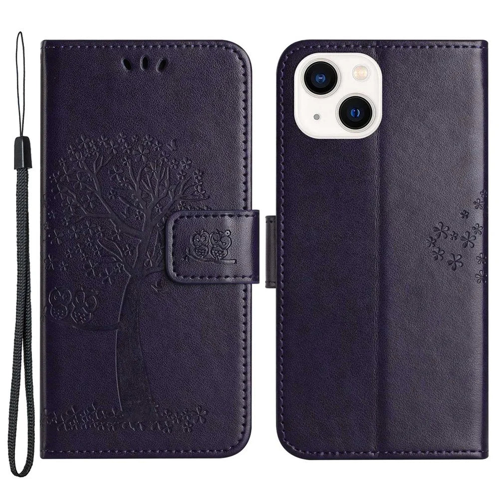For iPhone 14 6.1 inch Imprinted Owl Tree Pattern PU Leather Wallet Viewing Stand Full Protection Protective Case with Wrist Strap - Dark Purple - 1