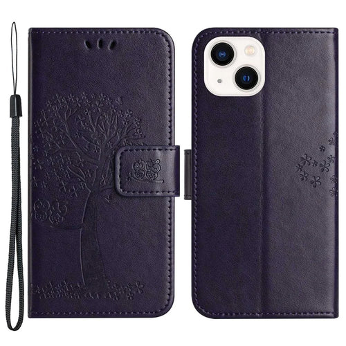 For iPhone 14 6.1 inch Imprinted Owl Tree Pattern PU Leather Wallet Viewing Stand Full Protection Protective Case with Wrist Strap - Dark Purple - 1