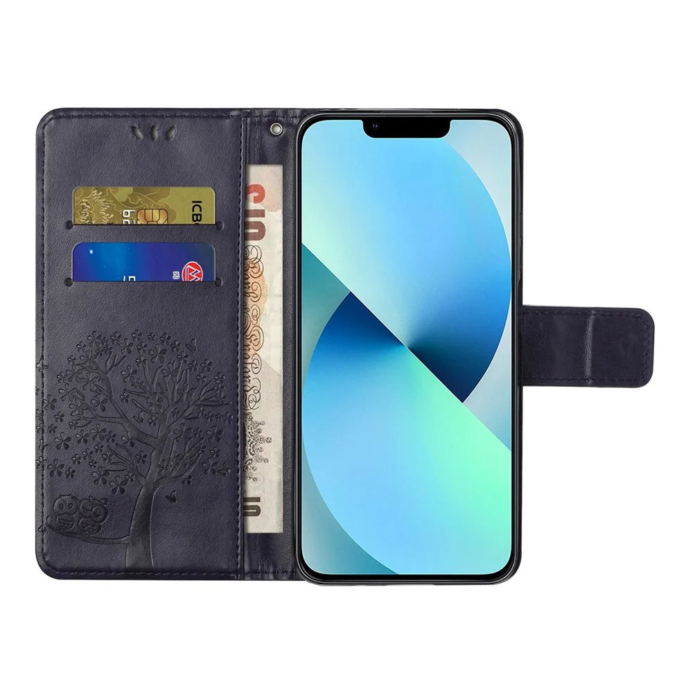 For iPhone 14 6.1 inch Imprinted Owl Tree Pattern PU Leather Wallet Viewing Stand Full Protection Protective Case with Wrist Strap - Dark Purple - 2