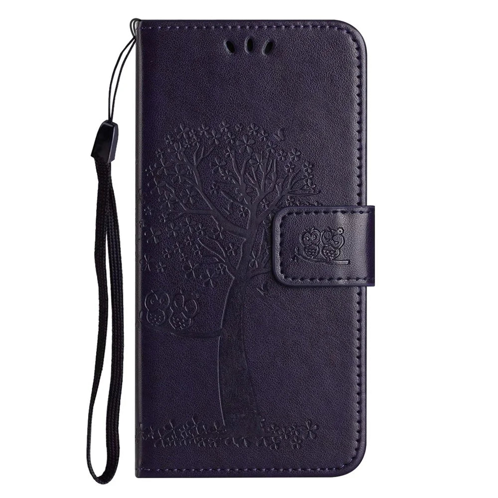 For iPhone 14 6.1 inch Imprinted Owl Tree Pattern PU Leather Wallet Viewing Stand Full Protection Protective Case with Wrist Strap - Dark Purple - 4