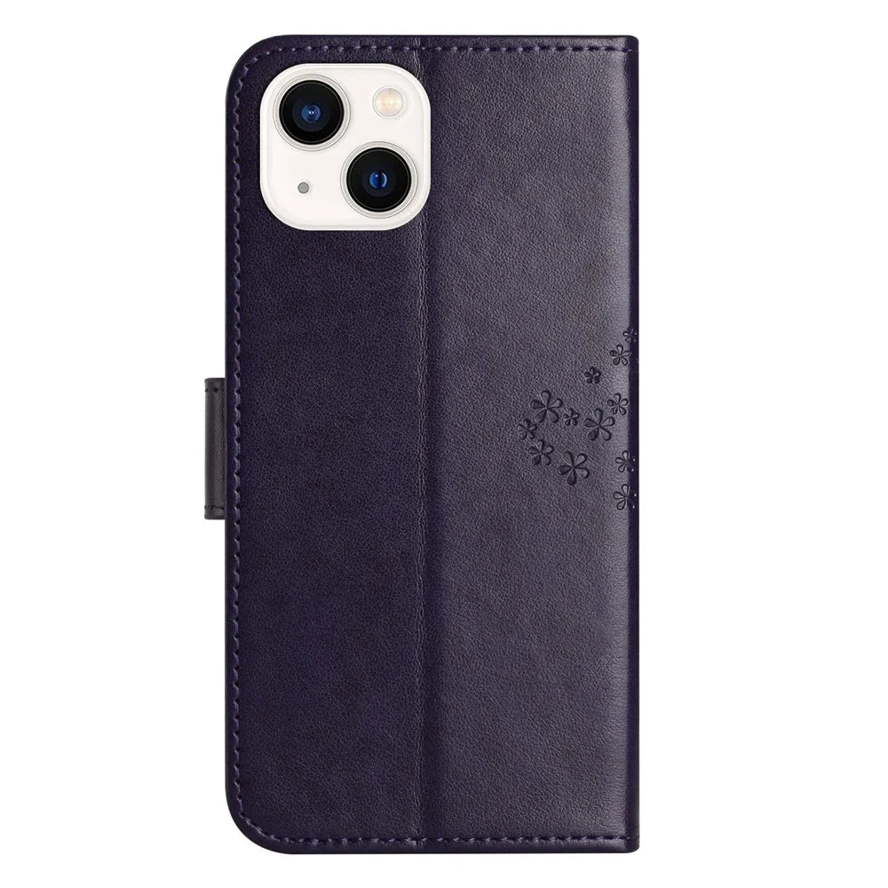 For iPhone 14 6.1 inch Imprinted Owl Tree Pattern PU Leather Wallet Viewing Stand Full Protection Protective Case with Wrist Strap - Dark Purple - 5
