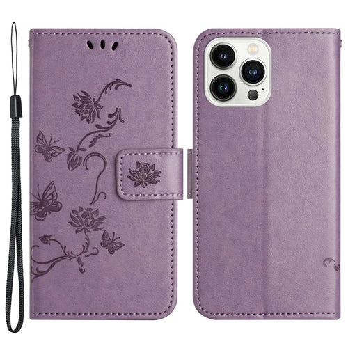 For iPhone 14 Pro 6.1 inch Butterfly Flower Imprinted Phone Case PU Leather Flip Wallet Stand Anti-scratch Phone Cover with Strap - Purple - 1