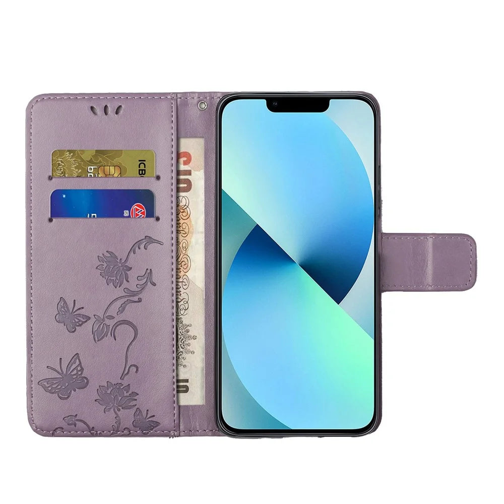 For iPhone 14 Pro 6.1 inch Butterfly Flower Imprinted Phone Case PU Leather Flip Wallet Stand Anti-scratch Phone Cover with Strap - Purple - 2