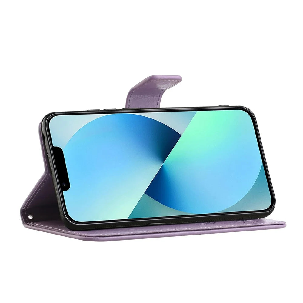 For iPhone 14 Pro 6.1 inch Butterfly Flower Imprinted Phone Case PU Leather Flip Wallet Stand Anti-scratch Phone Cover with Strap - Purple - 3