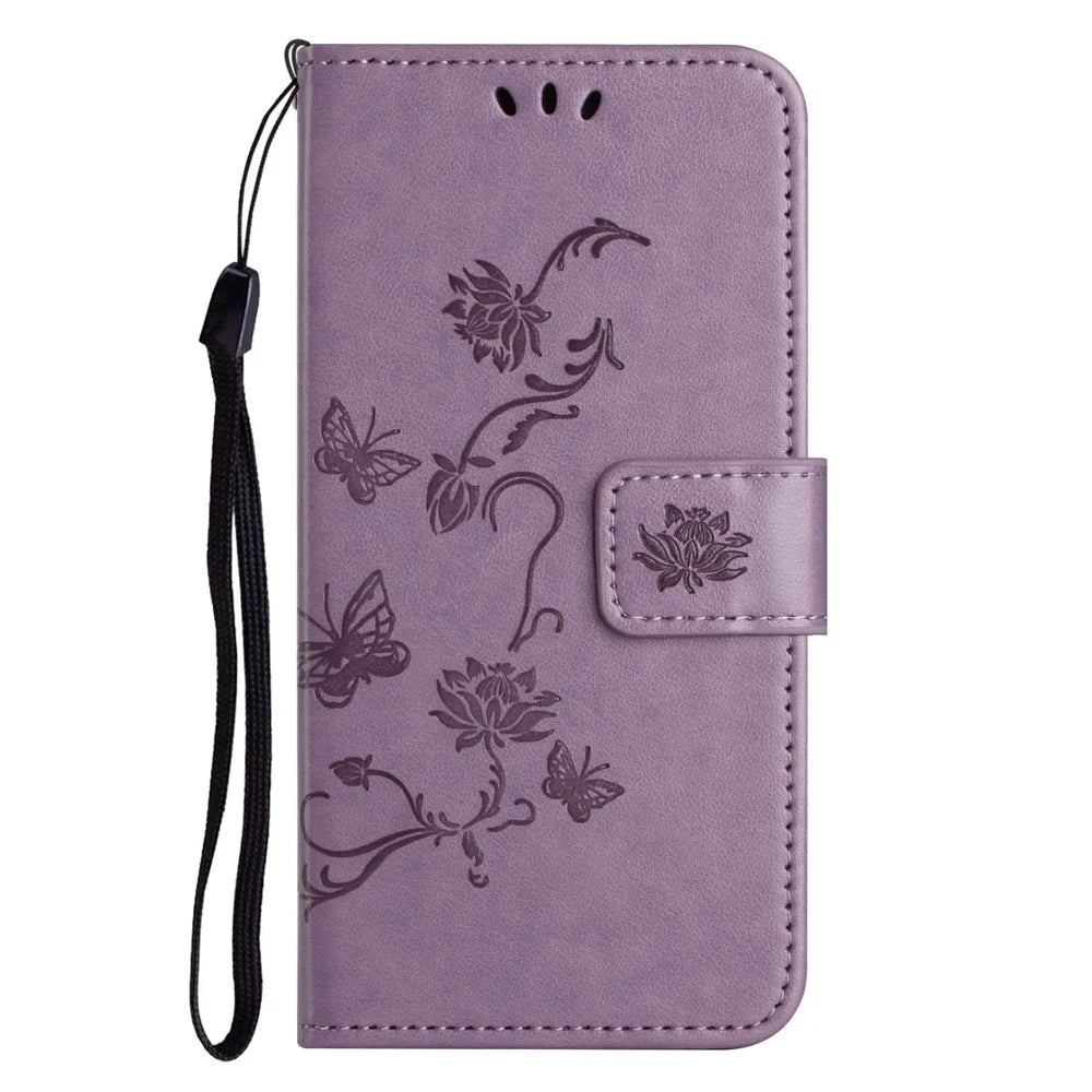 For iPhone 14 Pro 6.1 inch Butterfly Flower Imprinted Phone Case PU Leather Flip Wallet Stand Anti-scratch Phone Cover with Strap - Purple - 4