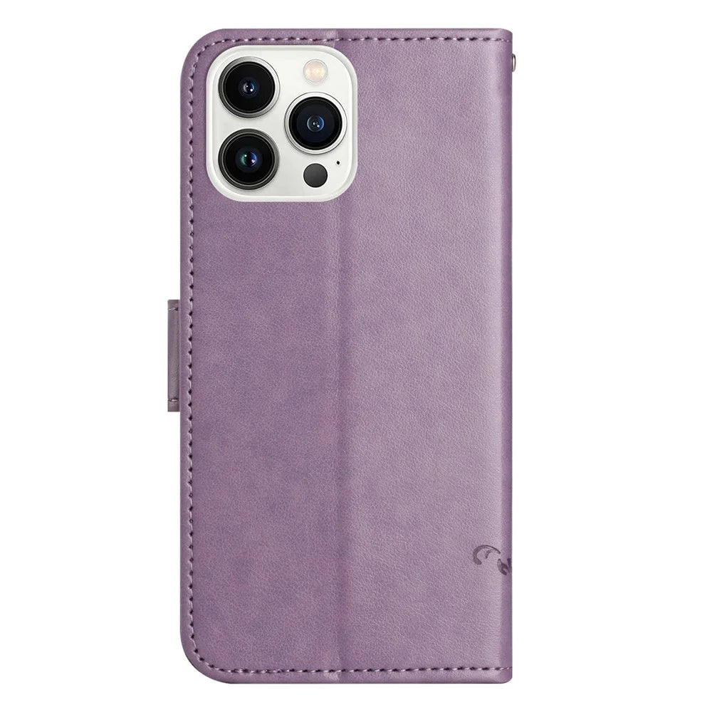 For iPhone 14 Pro 6.1 inch Butterfly Flower Imprinted Phone Case PU Leather Flip Wallet Stand Anti-scratch Phone Cover with Strap - Purple - 5