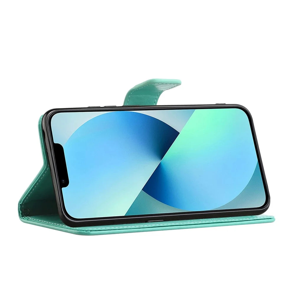 For iPhone 14 Pro Max 6.7 inch Shockproof Phone Case Imprinted Owl Tree Pattern PU Leather Wallet Cover Stand with Wrist Strap - Cyan - 3