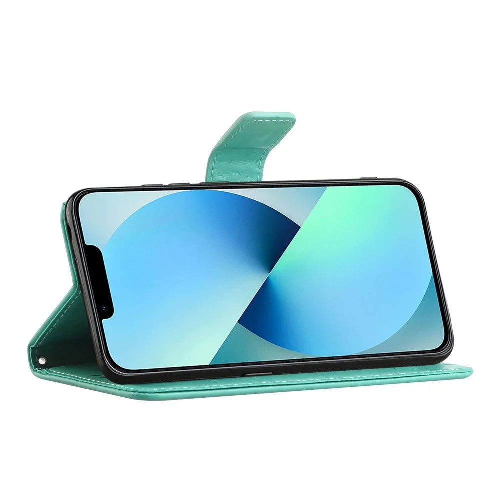 For iPhone 14 Plus Wallet Style Butterfly Flower Imprinted Anti-drop Case PU Leather Stand Feature Phone Shell with Strap - Green - 2