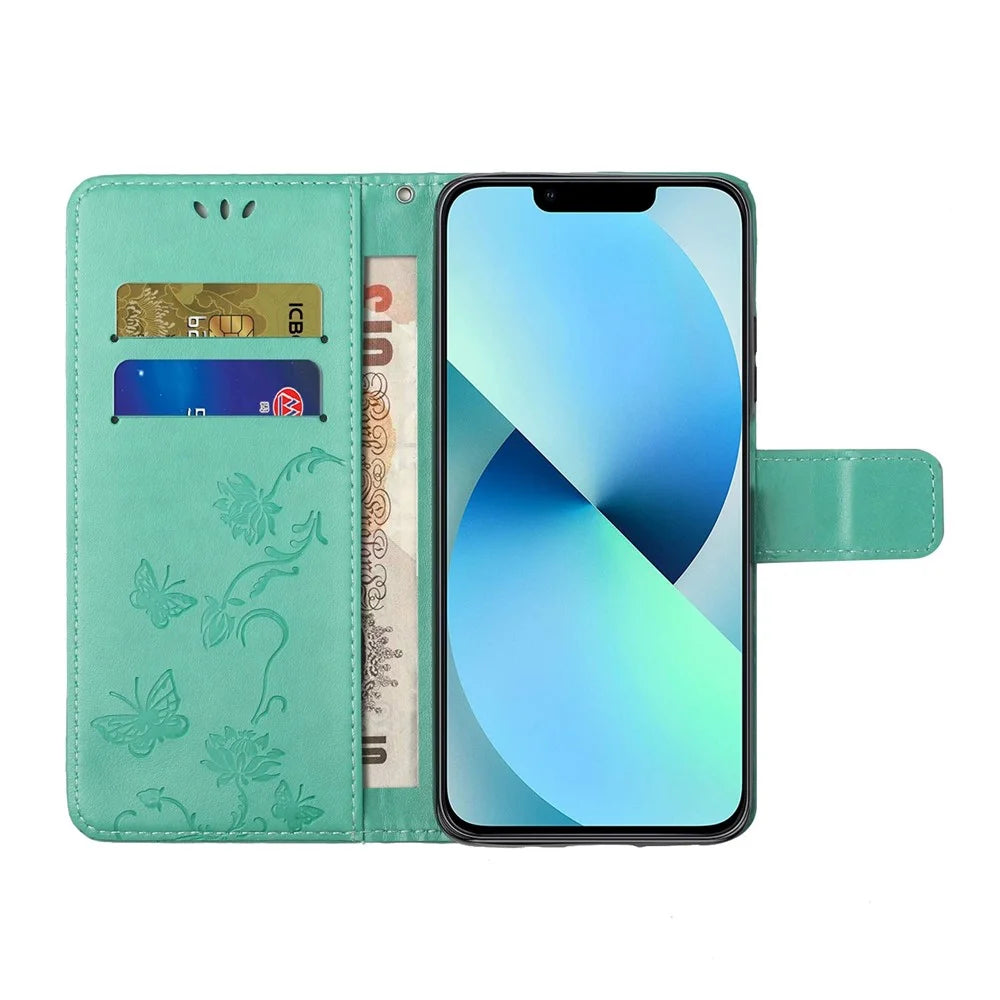 For iPhone 14 Plus Wallet Style Butterfly Flower Imprinted Anti-drop Case PU Leather Stand Feature Phone Shell with Strap - Green - 3