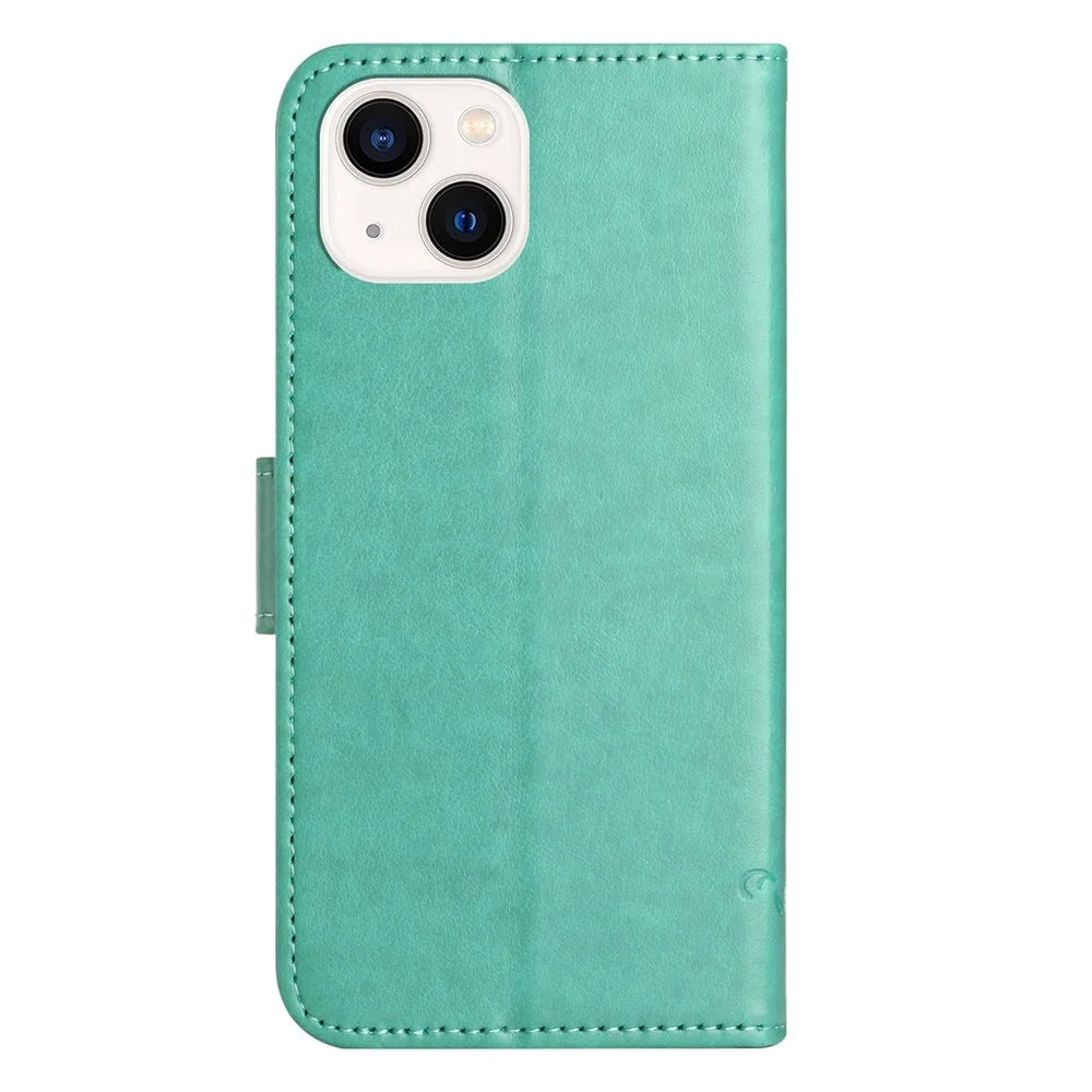 For iPhone 14 Plus Wallet Style Butterfly Flower Imprinted Anti-drop Case PU Leather Stand Feature Phone Shell with Strap - Green - 5