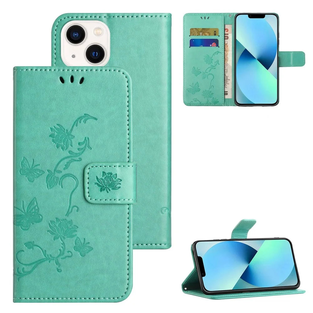 For iPhone 14 Plus Wallet Style Butterfly Flower Imprinted Anti-drop Case PU Leather Stand Feature Phone Shell with Strap - Green - 6