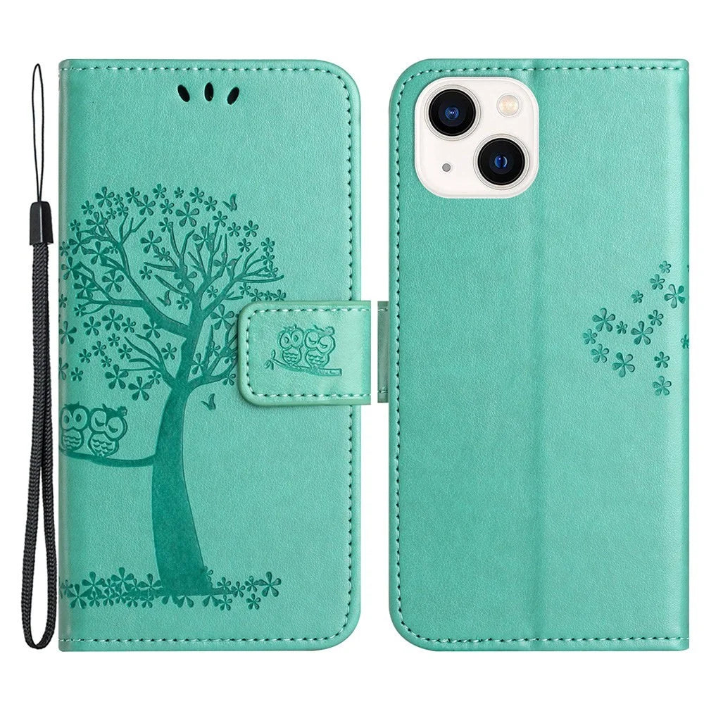 For iPhone 14 Plus Anti-wear PU Leather Phone Cover Imprinted Owl Tree Pattern Wallet Stand Design Shell with Wrist Strap - Cyan - 1