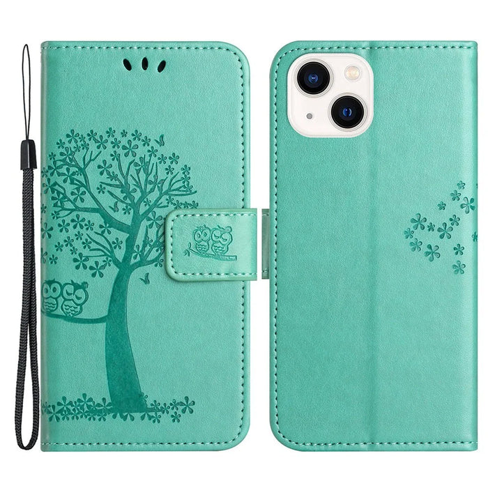 For iPhone 14 Plus Anti-wear PU Leather Phone Cover Imprinted Owl Tree Pattern Wallet Stand Design Shell with Wrist Strap - Cyan - 1