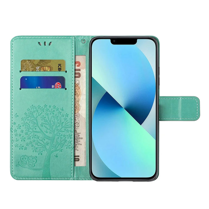For iPhone 14 Plus Anti-wear PU Leather Phone Cover Imprinted Owl Tree Pattern Wallet Stand Design Shell with Wrist Strap - Cyan - 3