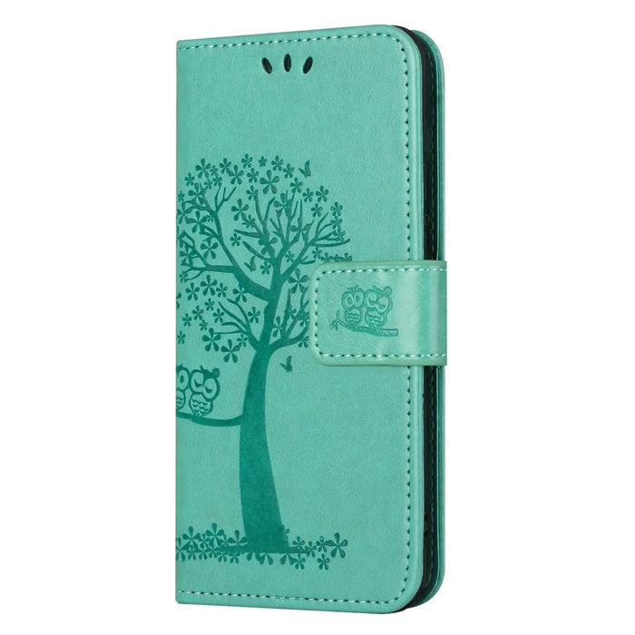 For iPhone 14 Plus Anti-wear PU Leather Phone Cover Imprinted Owl Tree Pattern Wallet Stand Design Shell with Wrist Strap - Cyan - 4