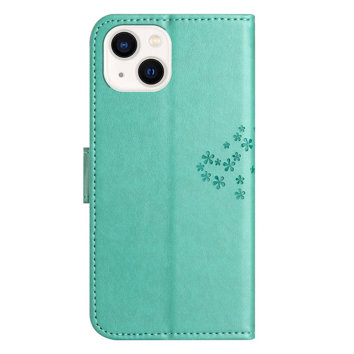 For iPhone 14 Plus Anti-wear PU Leather Phone Cover Imprinted Owl Tree Pattern Wallet Stand Design Shell with Wrist Strap - Cyan - 5