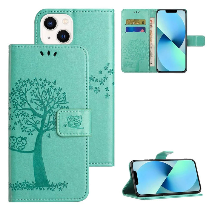 For iPhone 14 Plus Anti-wear PU Leather Phone Cover Imprinted Owl Tree Pattern Wallet Stand Design Shell with Wrist Strap - Cyan - 6