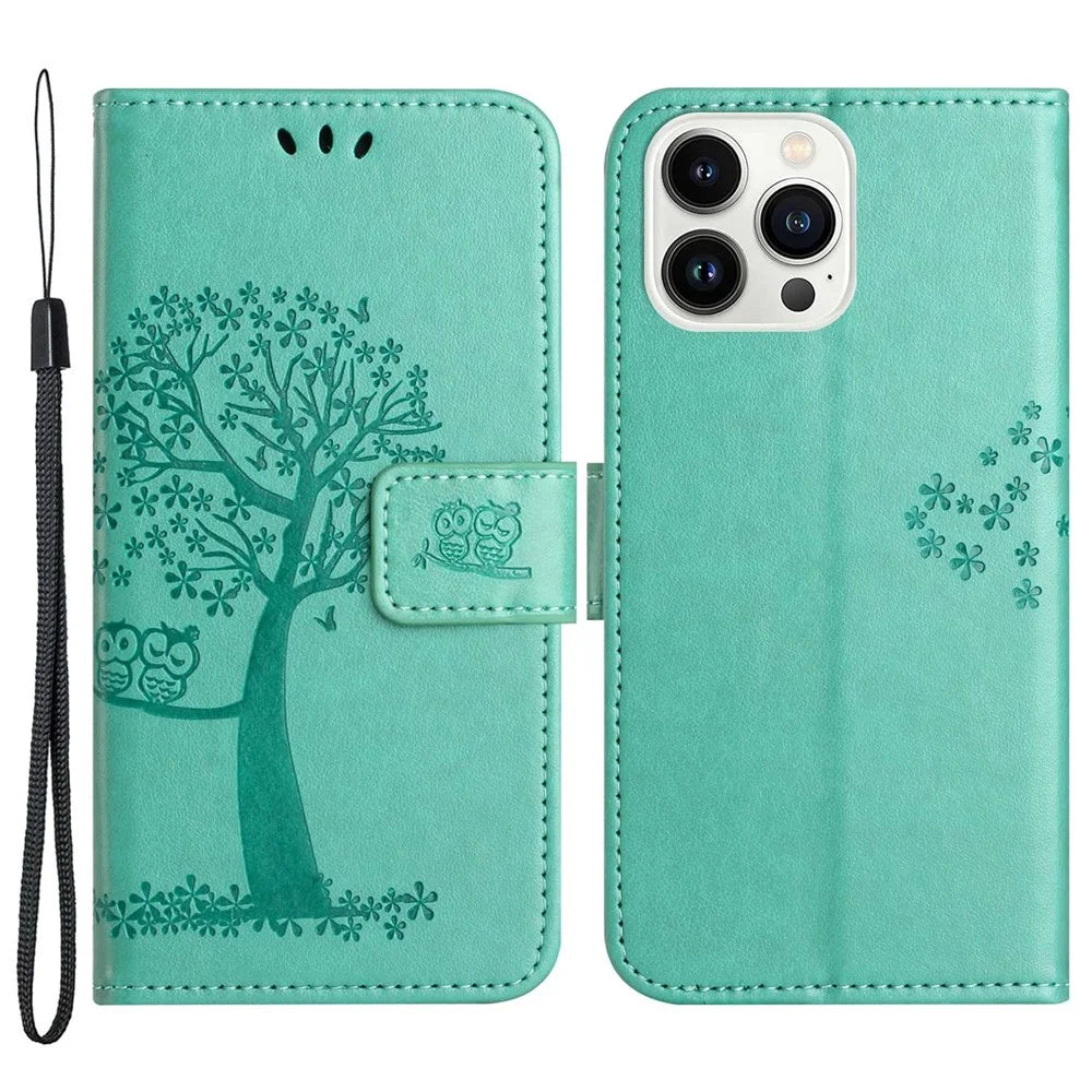 For iPhone 14 Pro 6.1 inch Anti-fall PU Leather Shell Imprinted Owl Tree Pattern Wallet Stand Feature Shell with Wrist Strap - Cyan - 1
