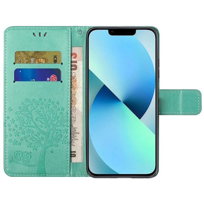 For iPhone 14 Pro 6.1 inch Anti-fall PU Leather Shell Imprinted Owl Tree Pattern Wallet Stand Feature Shell with Wrist Strap - Cyan - 2