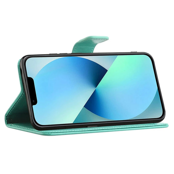 For iPhone 14 Pro 6.1 inch Anti-fall PU Leather Shell Imprinted Owl Tree Pattern Wallet Stand Feature Shell with Wrist Strap - Cyan - 3
