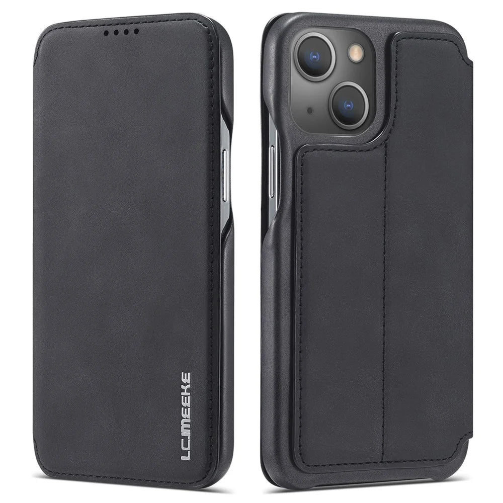 LC.IMEEKE For iPhone 14 6.1 inch Anti-scratch Dustproof Cell Phone Cover PU Leather Stand Phone Case with Card Slot - Black - 1