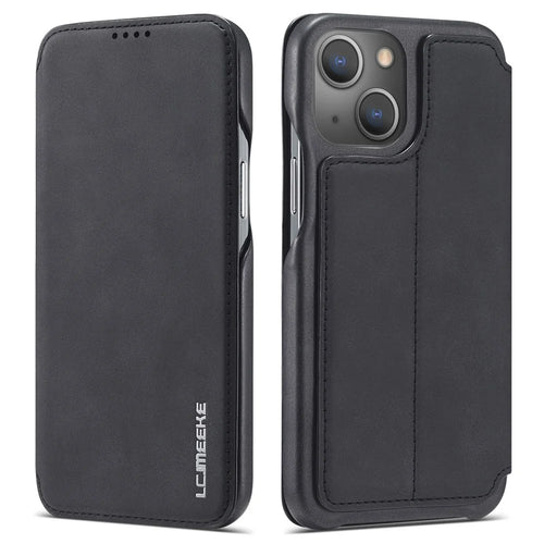 LC.IMEEKE For iPhone 14 6.1 inch Anti-scratch Dustproof Cell Phone Cover PU Leather Stand Phone Case with Card Slot - Black - 1